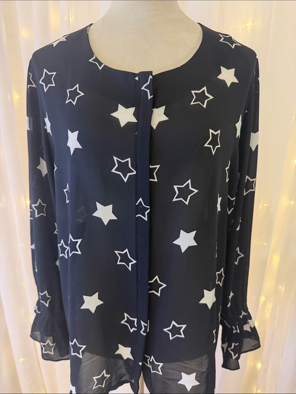 Nais Navy Star-Print Long-Sleeve Blouse with Ruffle Cuffs